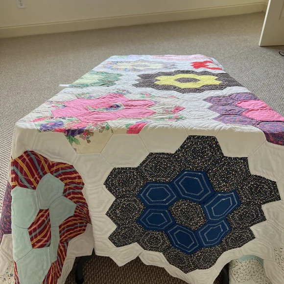 MCM Vintage Colorful Handmade Quilt Octagon Mixed Material 60x94 Flower